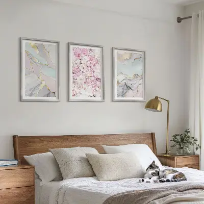 3er-Set Bilder mit Rahmen mit Motiv Rosa Blumen Marmor Pastell