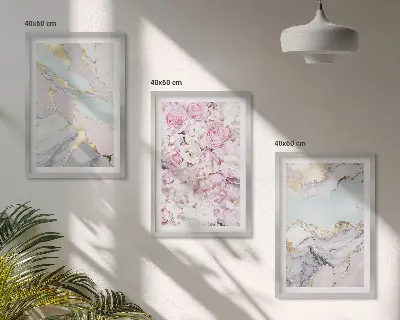 3er-Set Bilder mit Rahmen mit Motiv Rosa Blumen Marmor Pastell