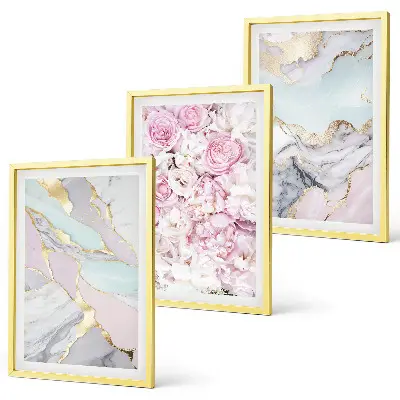 3er-Set Bilder mit Rahmen mit Motiv Rosa Blumen Marmor Pastell