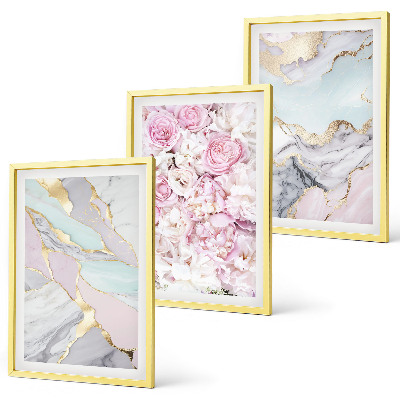 Bilder-3er-set mit rahmen Rosa Blumen Marmor Pastell