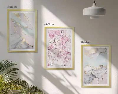 3er-Set Bilder mit Rahmen mit Motiv Rosa Blumen Marmor Pastell