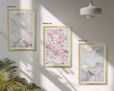 Bilder-3er-set mit rahmen Rosa Blumen Marmor Pastell