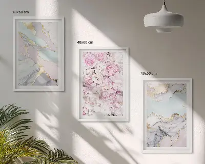 3er-Set Bilder mit Rahmen mit Motiv Rosa Blumen Marmor Pastell