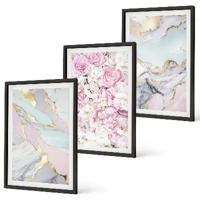 3er-Set Bilder mit Rahmen mit Motiv Rosa Blumen Marmor Pastell