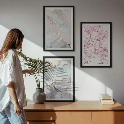 3er-Set Bilder mit Rahmen mit Motiv Rosa Blumen Marmor Pastell