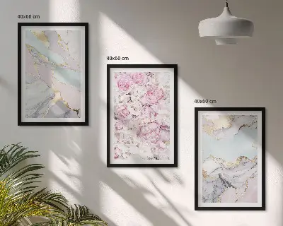 3er-Set Bilder mit Rahmen mit Motiv Rosa Blumen Marmor Pastell
