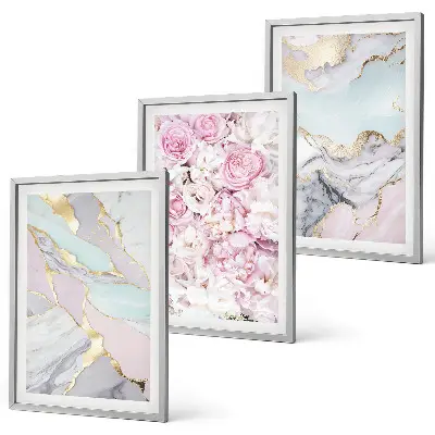 3er-Set Bilder mit Rahmen mit Motiv Rosa Blumen Marmor Pastell