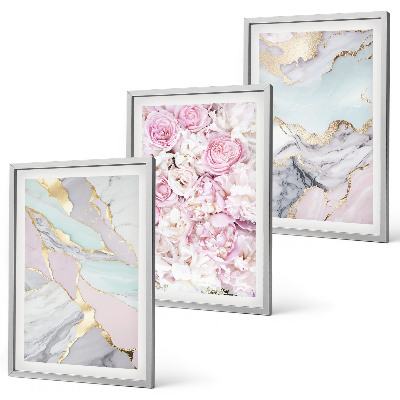 Bilder-3er-set mit rahmen Rosa Blumen Marmor Pastell