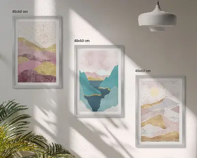 Gerahmtes Bilderset mit abstrakten Bergen und Sonne
