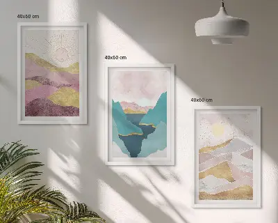 Gerahmtes Bilderset mit abstrakten Bergen und Sonne