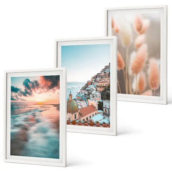 3er-Set Bilder mit Rahmen mit Motiven von Sonnenuntergang am Meer, Häusern sowie Blumen