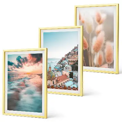 3er-Set Bilder mit Rahmen mit Motiven von Sonnenuntergang am Meer, Häusern sowie Blumen