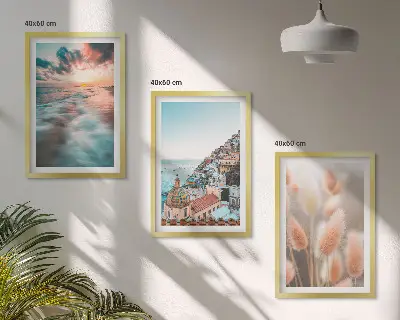 3er-Set Bilder mit Rahmen mit Motiven von Sonnenuntergang am Meer, Häusern sowie Blumen