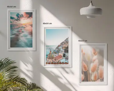 3er-Set Bilder mit Rahmen mit Motiven von Sonnenuntergang am Meer, Häusern sowie Blumen