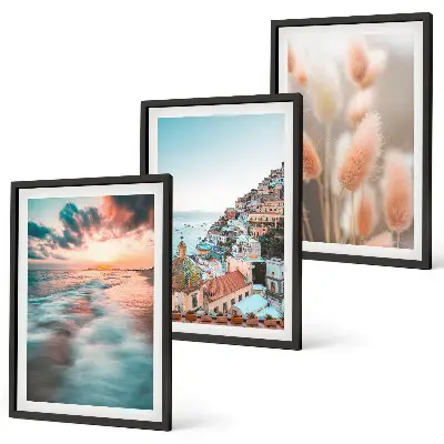 3er-Set Bilder mit Rahmen mit Motiven von Sonnenuntergang am Meer, Häusern sowie Blumen