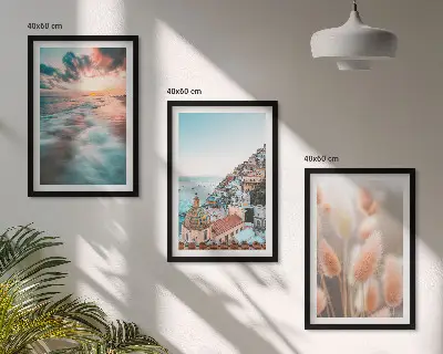 3er-Set Bilder mit Rahmen mit Motiven von Sonnenuntergang am Meer, Häusern sowie Blumen