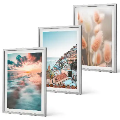 3er-Set Bilder mit Rahmen mit Motiven von Sonnenuntergang am Meer, Häusern sowie Blumen