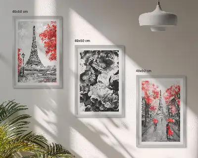 Eiffelturm Gemälde 3er-Set mit Rahmen in Grau