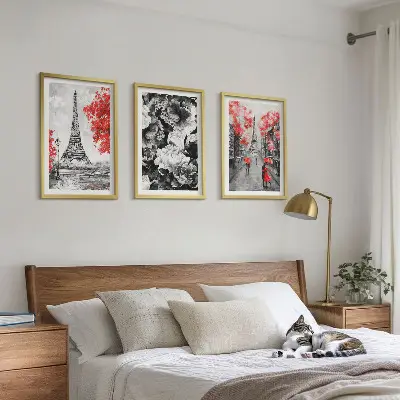 Eiffelturm Gemälde 3er-Set mit Rahmen in Grau