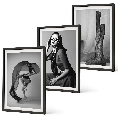 Bilder-3er-set mit rahmen Schwarz-Weiß-Porträts von Frauen