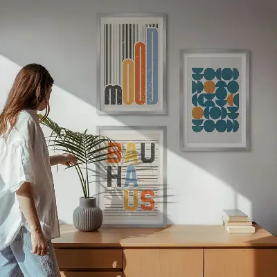 Gerahmtes Bilderset mit geometrischen Mustern im Bauhaus-Stil