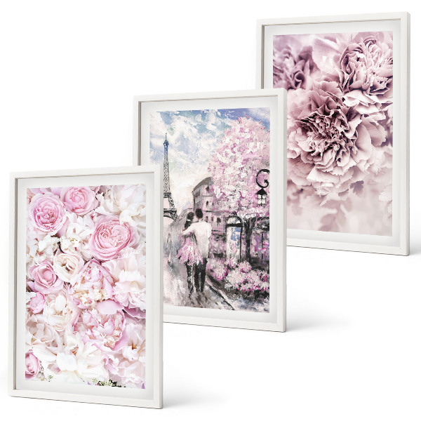 Gerahmtes bilderset Blumenlandschaft in Rosatönen