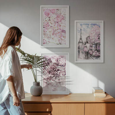 Gerahmtes bilderset Blumenlandschaft in Rosatönen