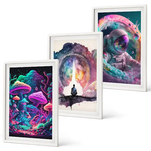 Gerahmtes Bilderset mit farbenfrohen Fantasy-Kunstillustrationen
