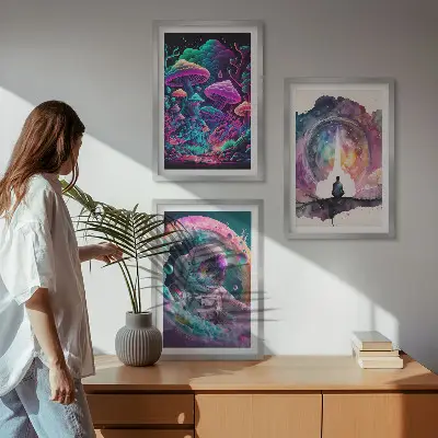 Gerahmtes Bilderset mit farbenfrohen Fantasy-Kunstillustrationen