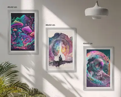 Gerahmtes Bilderset mit farbenfrohen Fantasy-Kunstillustrationen