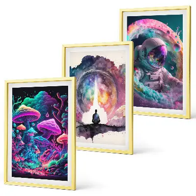 Gerahmtes Bilderset mit farbenfrohen Fantasy-Kunstillustrationen