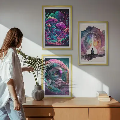 Gerahmtes Bilderset mit farbenfrohen Fantasy-Kunstillustrationen