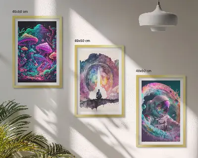 Gerahmtes Bilderset mit farbenfrohen Fantasy-Kunstillustrationen
