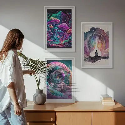 Gerahmtes Bilderset mit farbenfrohen Fantasy-Kunstillustrationen