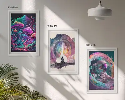 Gerahmtes Bilderset mit farbenfrohen Fantasy-Kunstillustrationen