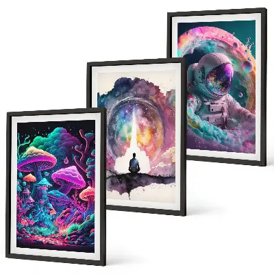 Gerahmtes Bilderset mit farbenfrohen Fantasy-Kunstillustrationen