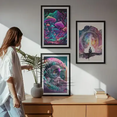 Gerahmtes Bilderset mit farbenfrohen Fantasy-Kunstillustrationen