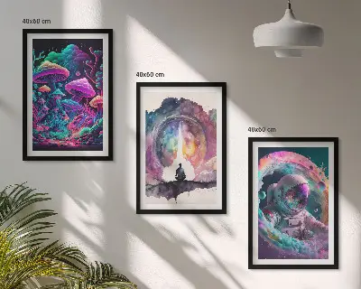 Gerahmtes Bilderset mit farbenfrohen Fantasy-Kunstillustrationen