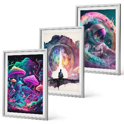 Gerahmtes Bilderset mit farbenfrohen Fantasy-Kunstillustrationen