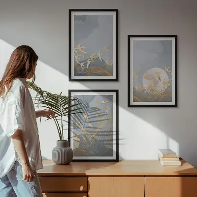 3er-Set Bilder mit Rahmen Vögel am Himmel dreiteiliges Wandbild-Set mit Rahmen