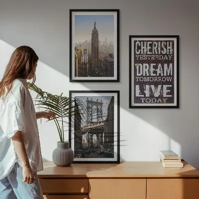3er-Set Bilder mit Rahmen mit Zitat über New Yorker Landschaften