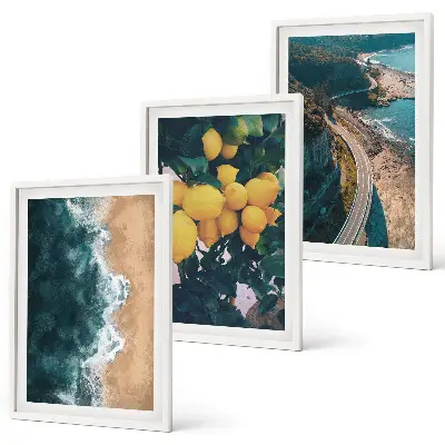 Gerahmtes Bilderset mit Motiven von Meer Strand Zitronen und Bergen