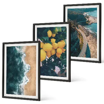 Gerahmtes Bilderset mit Motiven von Meer Strand Zitronen und Bergen