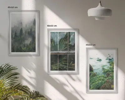 3er-Set Bilder mit Rahmen Waldnebel, Flussufer und Gewächshaus