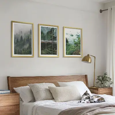 3er-Set Bilder mit Rahmen Waldnebel, Flussufer und Gewächshaus