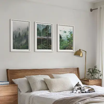 3er-Set Bilder mit Rahmen Waldnebel, Flussufer und Gewächshaus