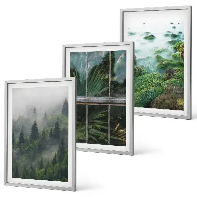 3er-Set Bilder mit Rahmen Waldnebel, Flussufer und Gewächshaus