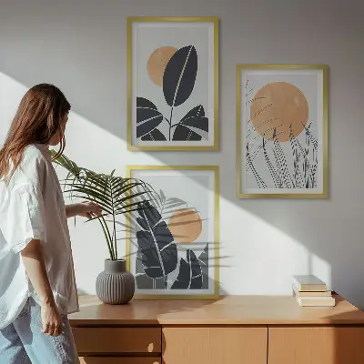 Gerahmtes Bilderset mit minimalistischem Pflanzenmuster in der Farbe große Sonnen