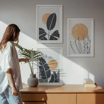 Gerahmtes Bilderset mit minimalistischem Pflanzenmuster in der Farbe große Sonnen