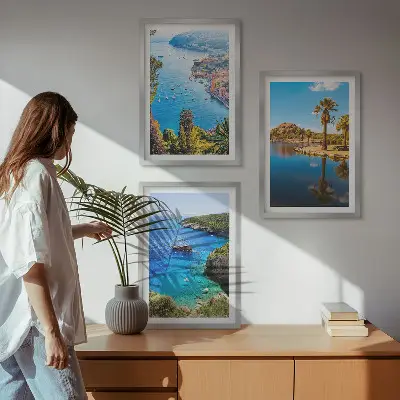 Gerahmtes Bilderset Palmen am Meer mit blauem Wasser